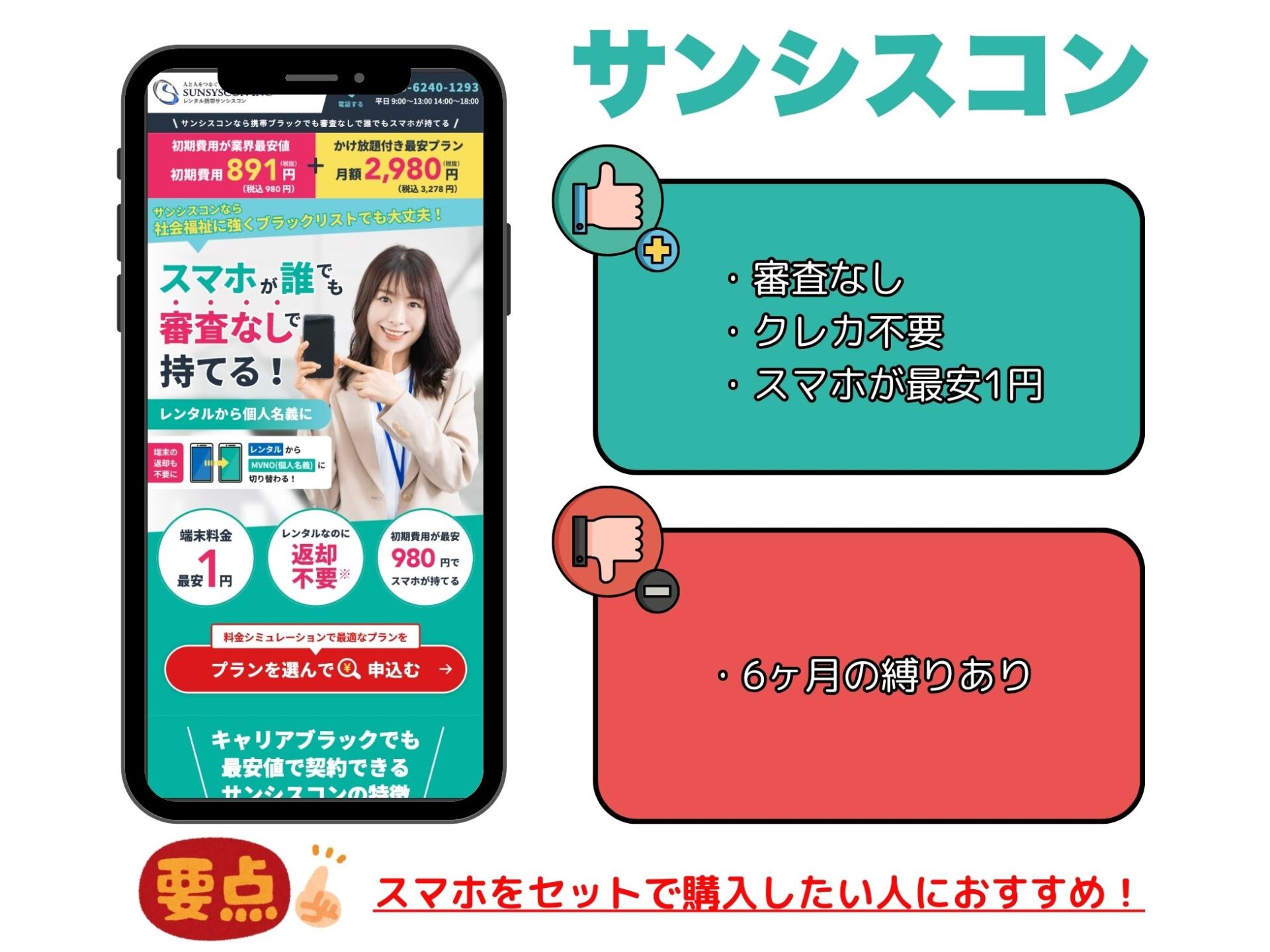 サンシスコンの評判まとめ！他社で審査落ちた人でもOKな審査なし携帯会社